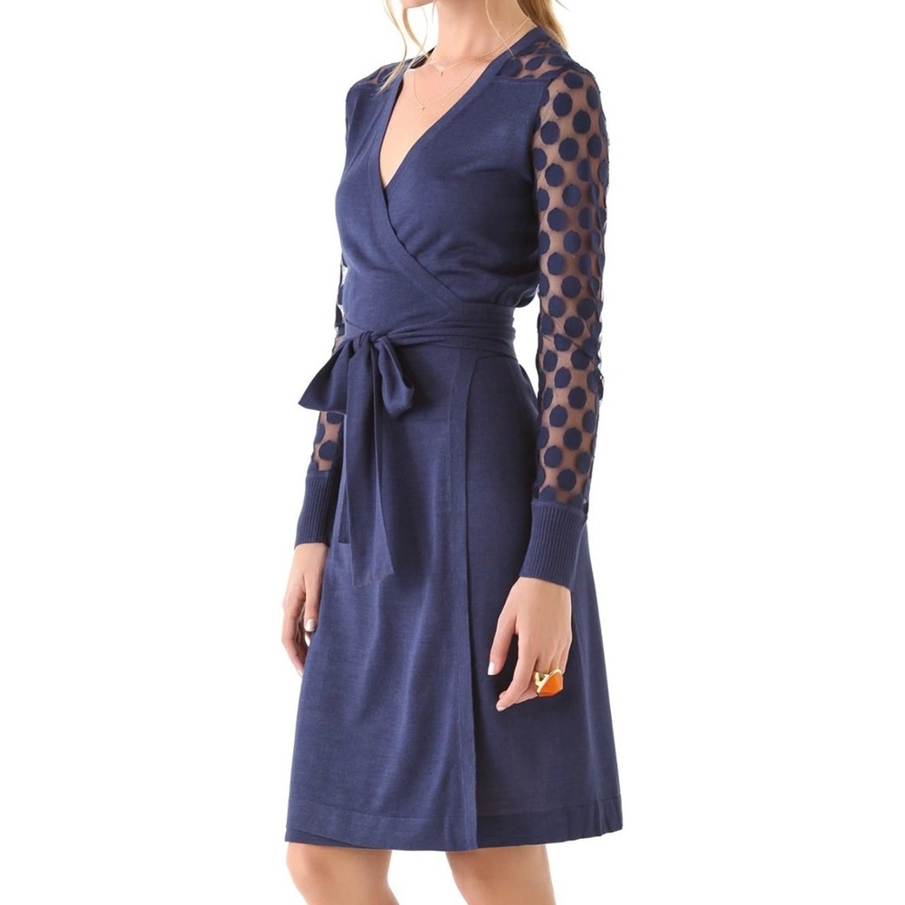 Diane von Furstenberg Wrap Midi Dress Polka Dot Mesh Medium Blue Sheer DVF Luxe